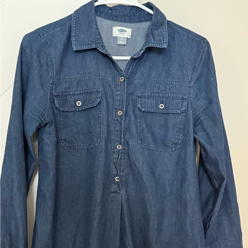 Old Navy Dark Wash Chambray Cotton Shirt Dress Snap Front Pockets Size S - Picture 6 of 8